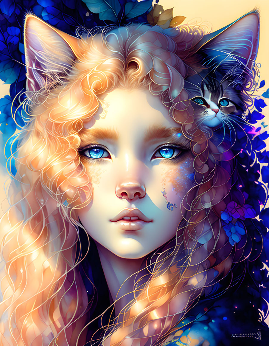 Fantasy illustration of young woman with feline ears and cat in vibrant blue and orange setting