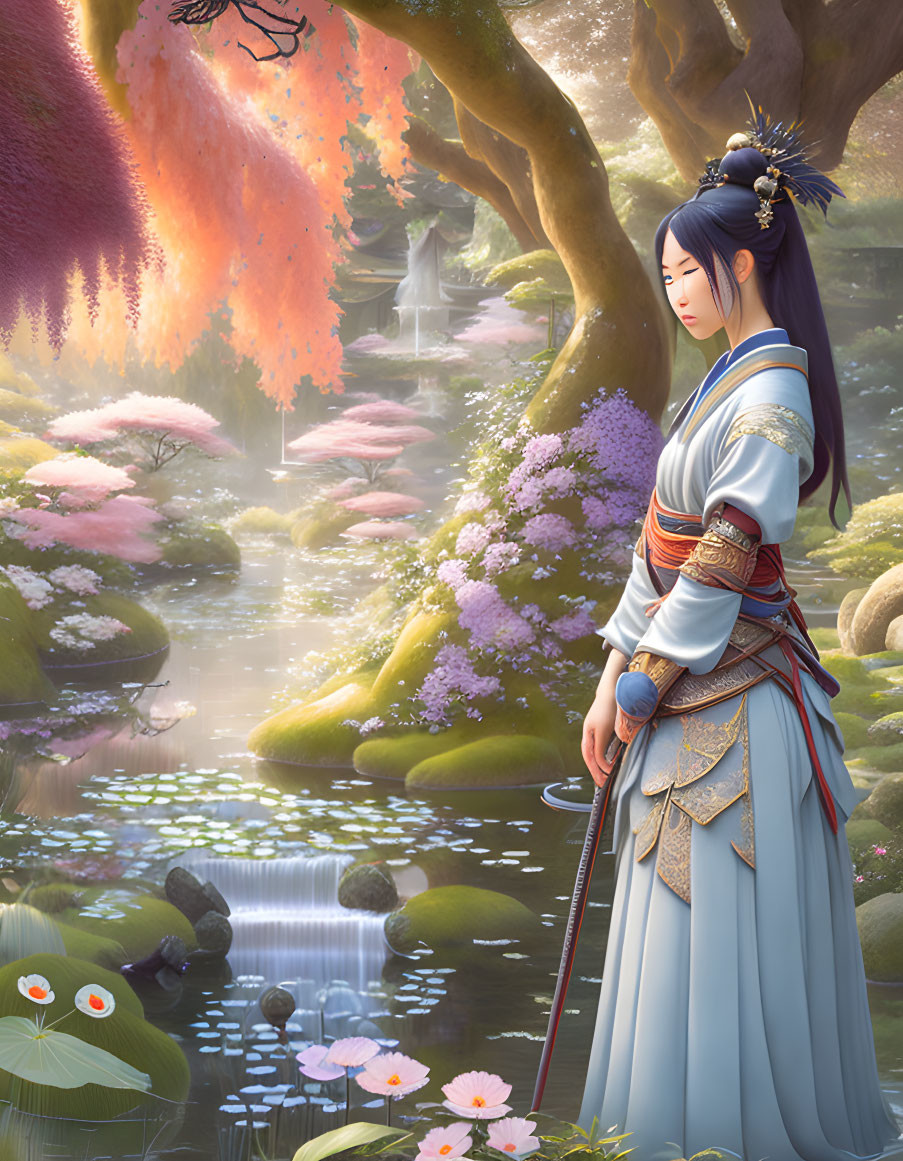 Traditional Attire Woman by Peaceful Pond in Ethereal Forest