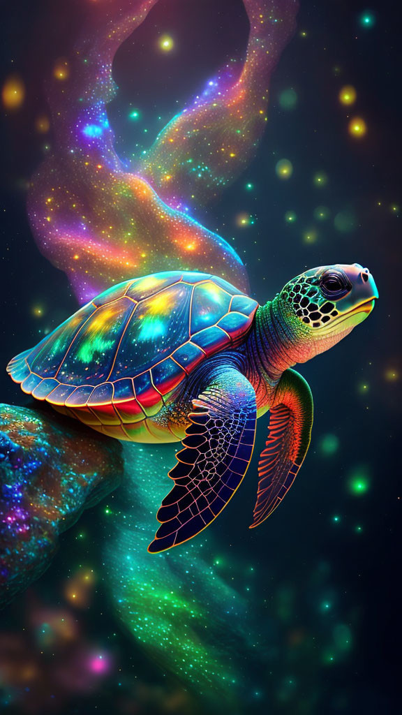 Colorful Digital Art: Sea Turtle with Glowing Shell in Cosmic Space