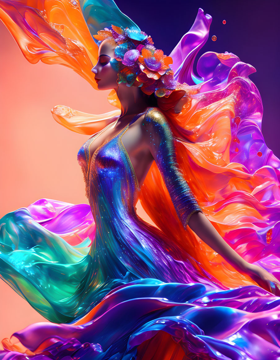 Colorful digital artwork: Woman with flowing hair and floral dress on warm gradient backdrop