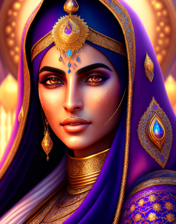 Traditional regal woman with gold jewelry and purple veil illustration.