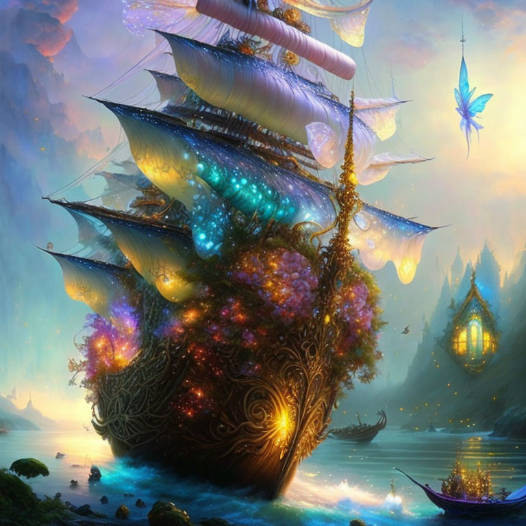 Fantasy image: Glowing sail ship near lantern-lit island