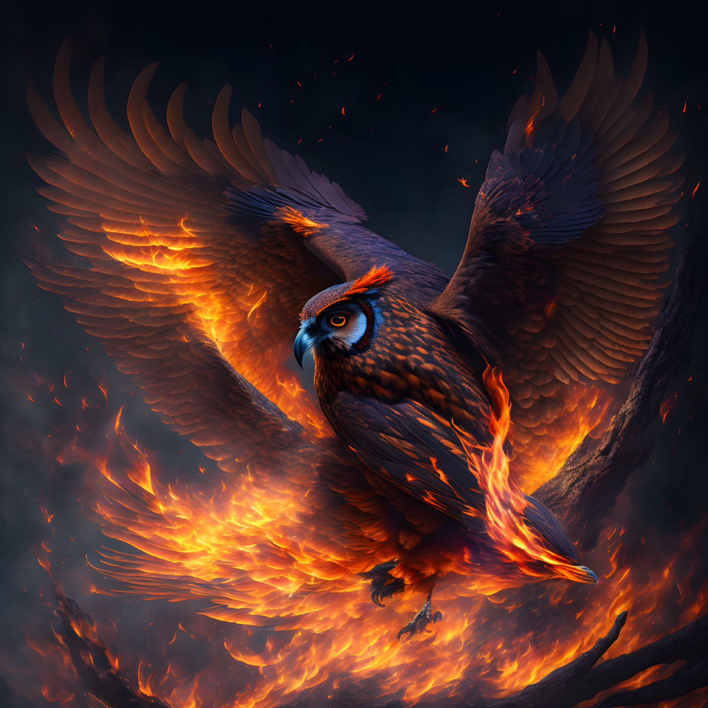 Phoenix Owl with Fiery Wings Perched on Branch