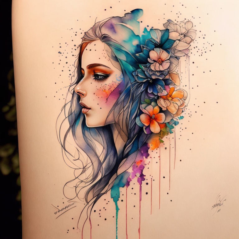 Stylized portrait of a woman with floral hair, watercolor drips, and abstract butterfly.