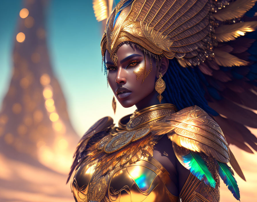 Digital artwork: Woman in golden armor with winged helmet on warm backdrop