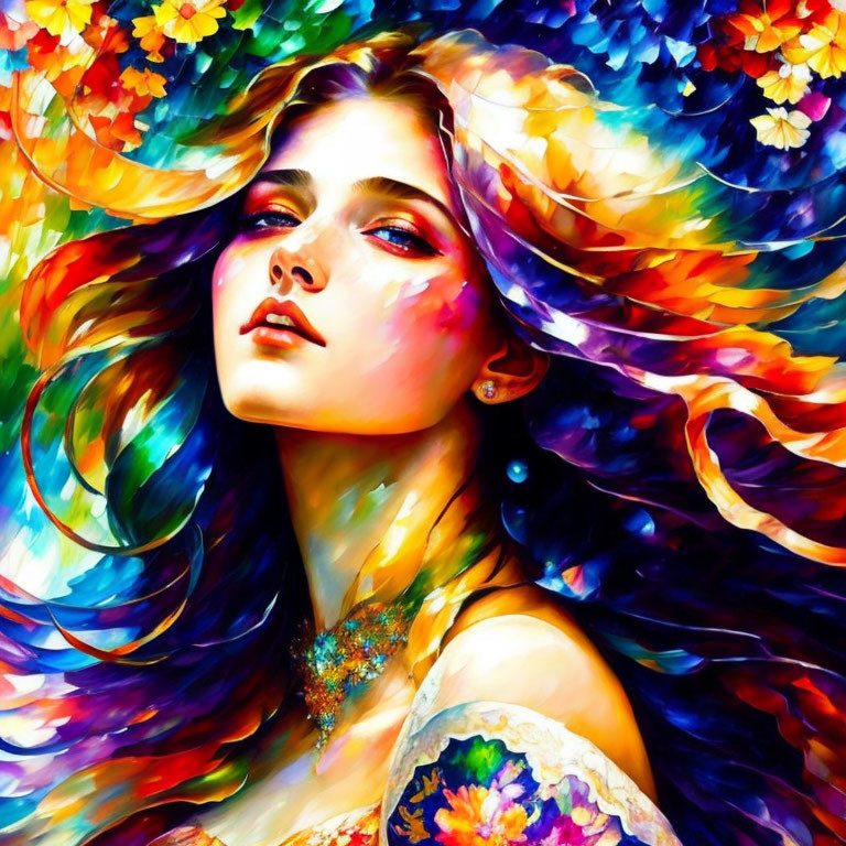 Colorful Portrait of Woman with Multicolored Hair and Flowers