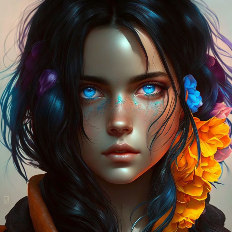 Portrait of Woman with Blue Eyes, Dark Hair, Flowers, and Freckles