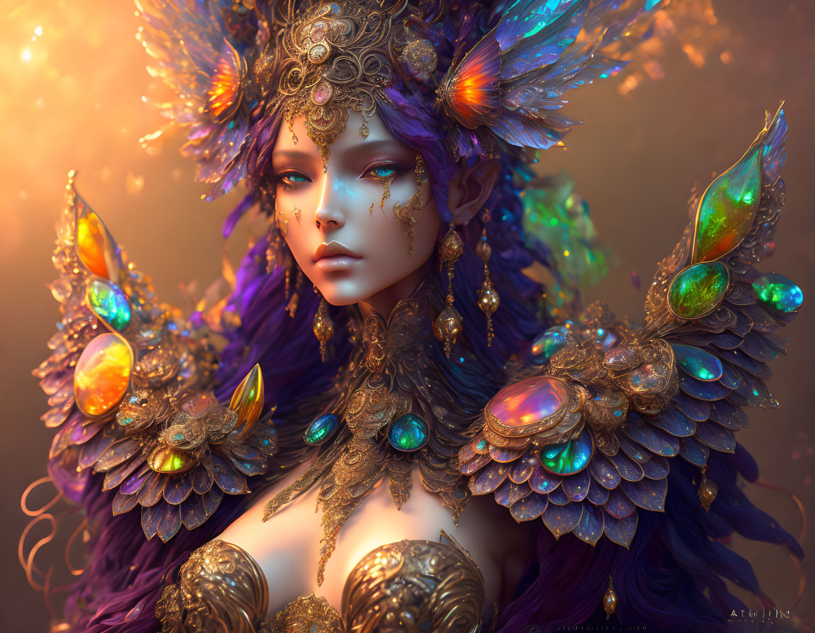 Fantasy portrait of woman with blue skin and golden headpiece