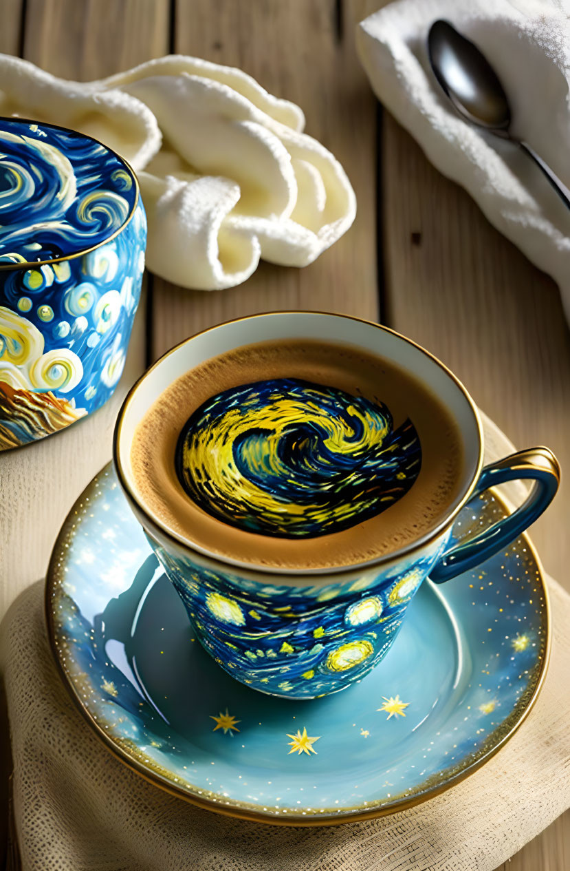 Van Gogh-inspired coffee cup with swirled latte art on a saucer, matching bowl