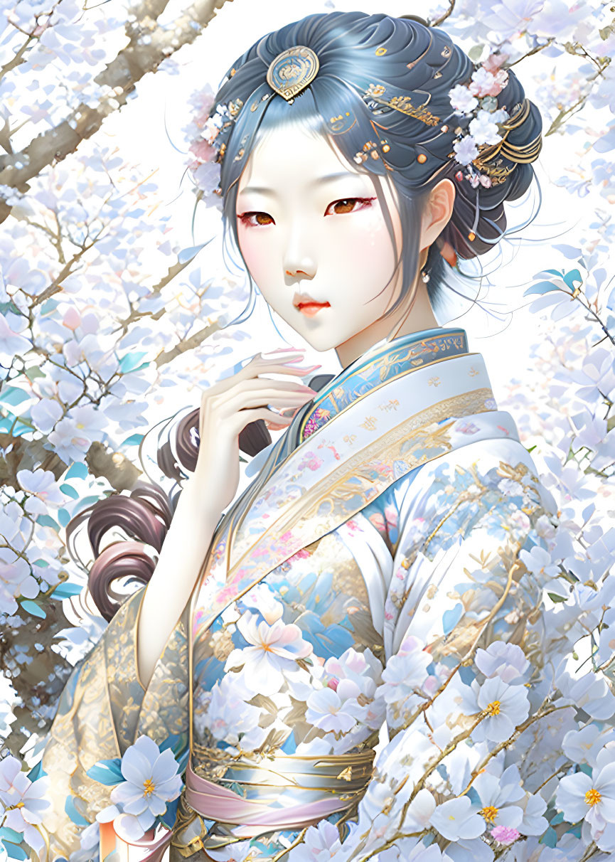 Illustrated woman in traditional Asian attire with cherry blossoms.