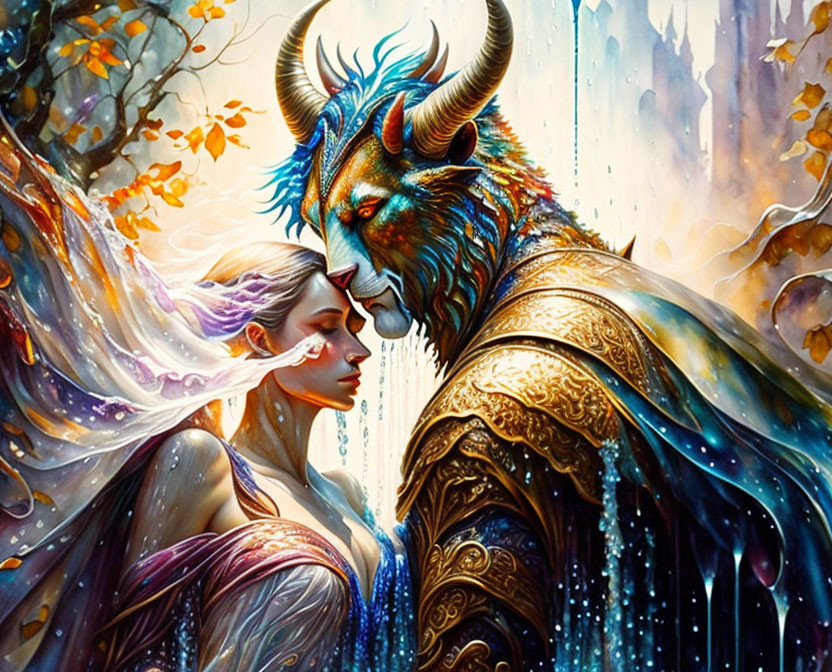 Fantasy art of woman and majestic blue beast in autumn forest