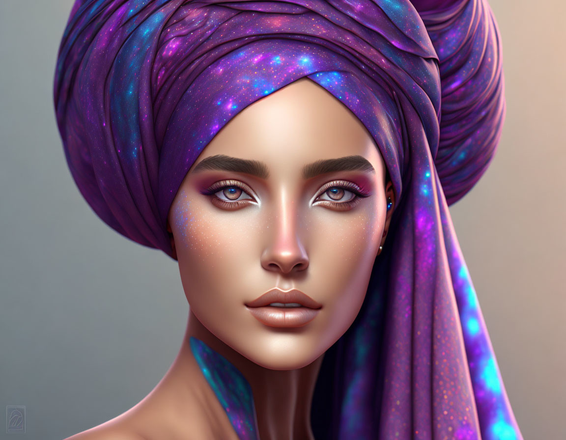 Cosmic-themed purple and blue headscarf with stars and nebulae on female portrait