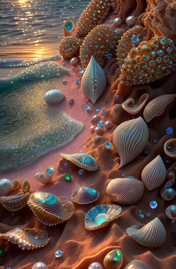 Fantasy beach scene with shimmering water and ornate shells