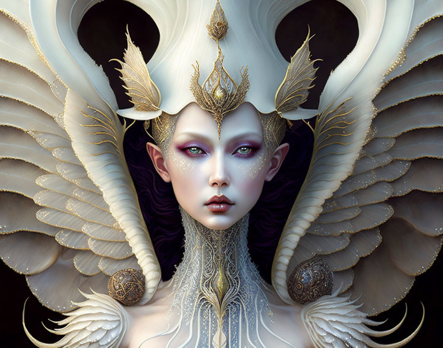 Regal female fantasy illustration with white and gold headgear