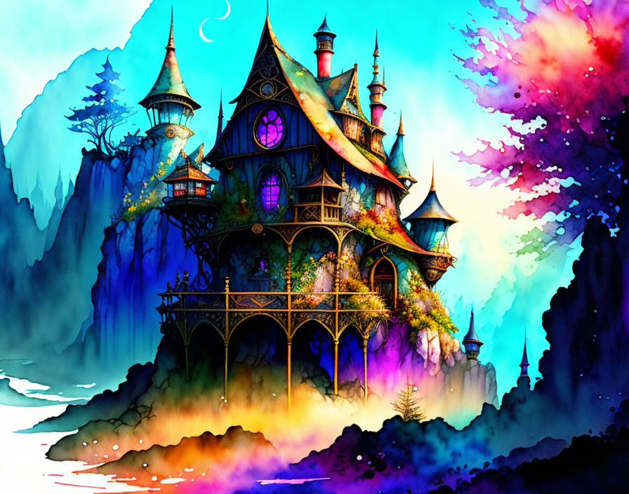 Fantasy illustration of whimsical house with turrets and balconies