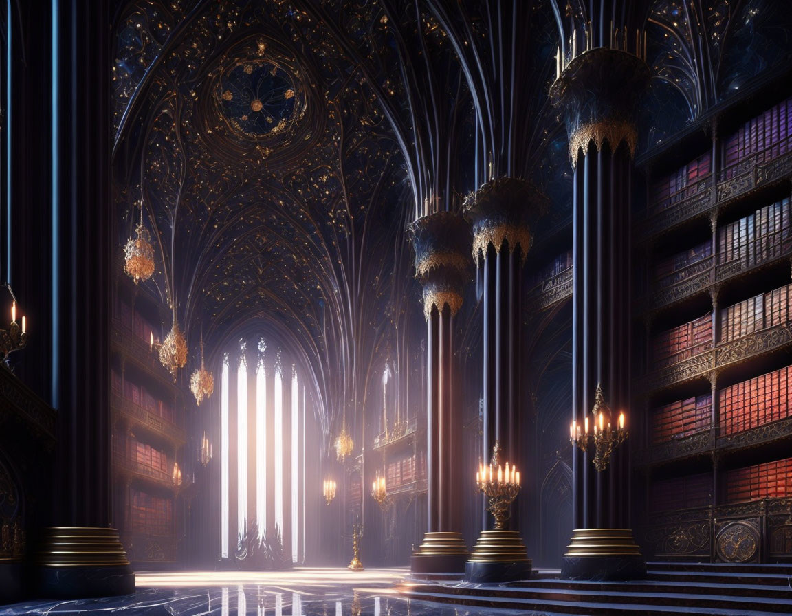 Gothic library with towering bookshelves and chandeliers