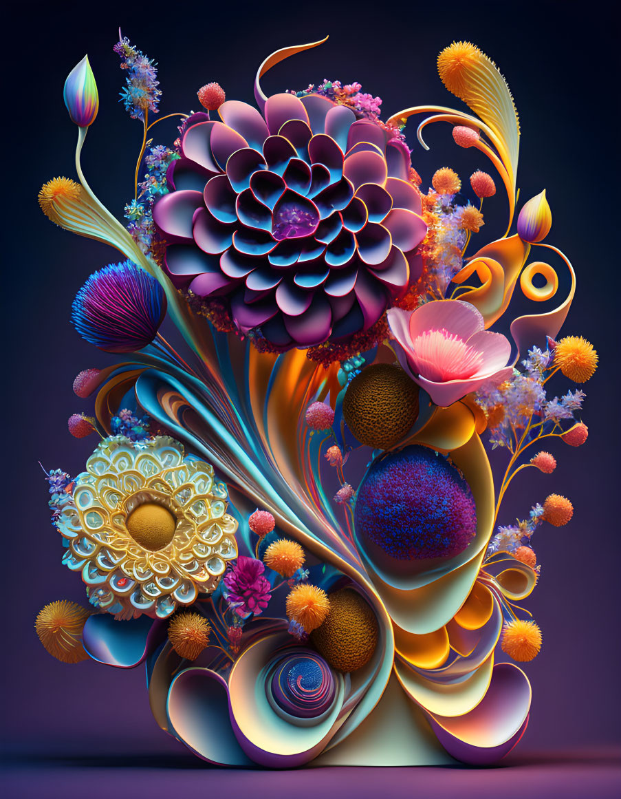 Colorful Abstract Digital Art: Stylized Floral Shapes in Purple, Blue, and Gold