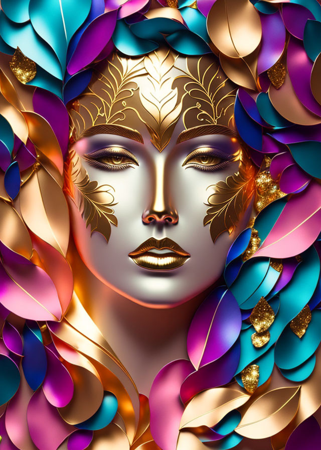 Colorful feather-patterned mask with gold details: a vibrant, artistic image.