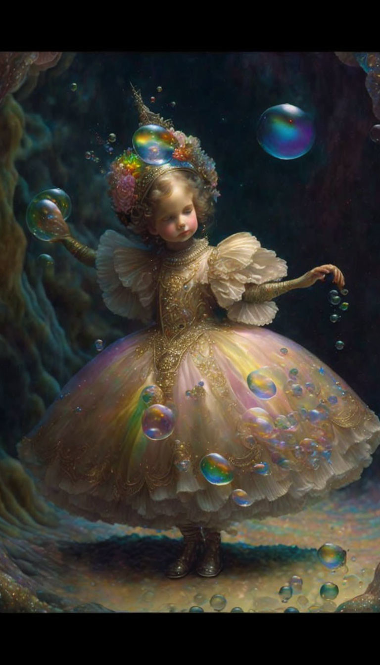 Young girl in golden dress surrounded by bubbles in whimsical illustration