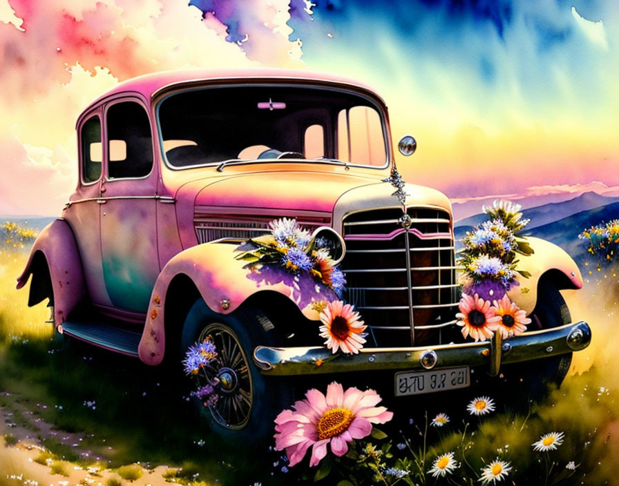 Vintage car illustration with vibrant flowers and sunset skyline