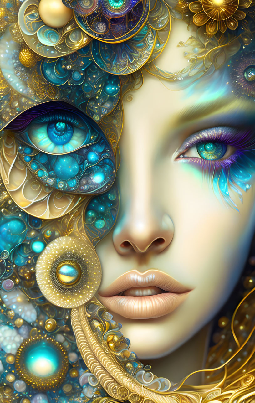 Digital artwork blending woman's face with golden patterns and vibrant blue tones