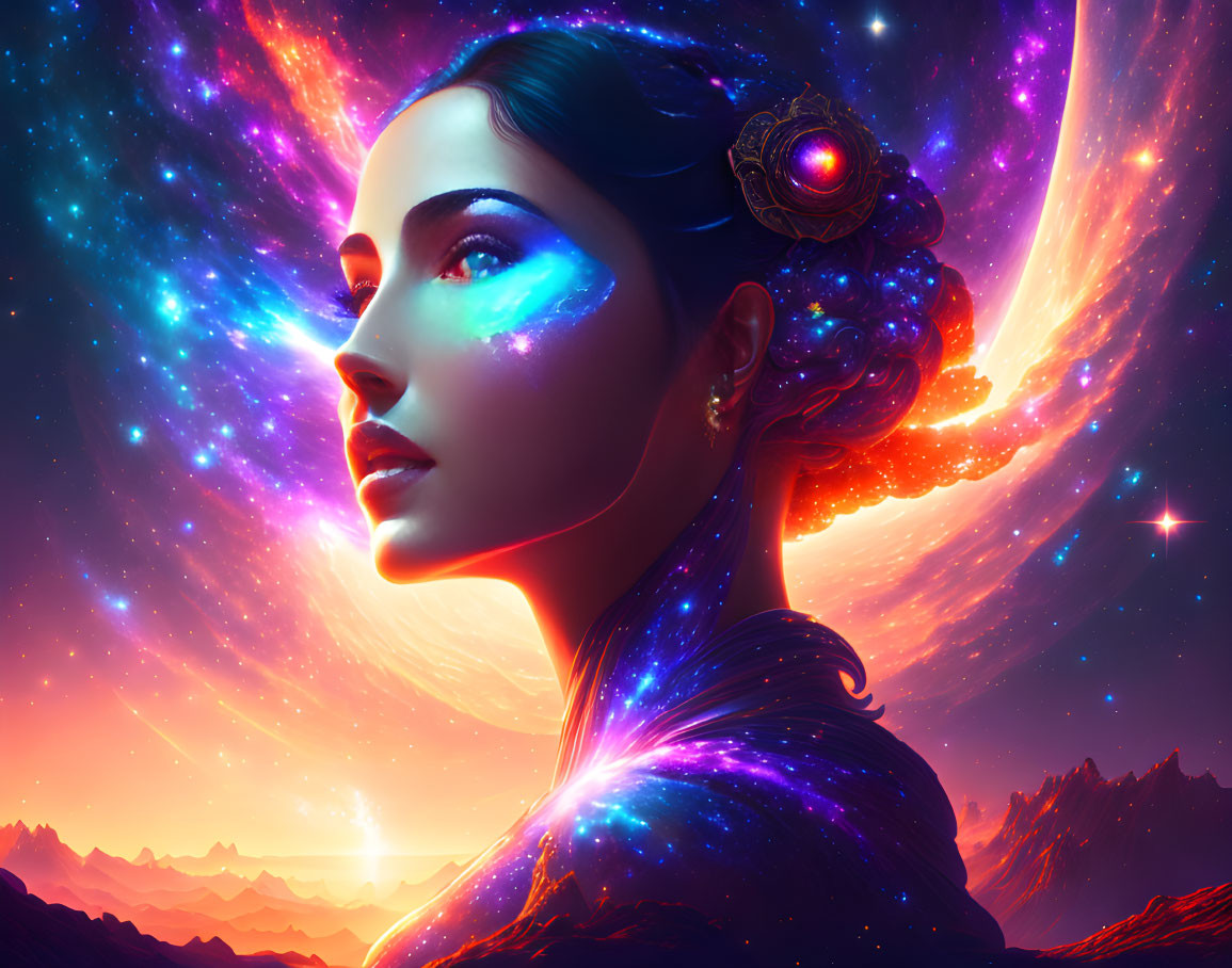 Cosmic-themed woman portrait against star-filled galaxy backdrop