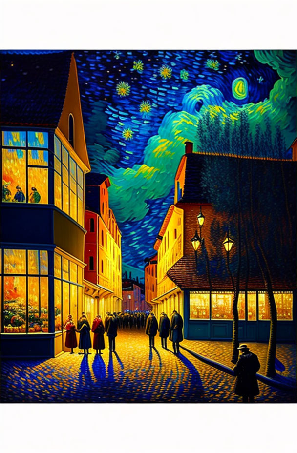 Colorful painting of a bustling night street with radiant buildings and starry sky