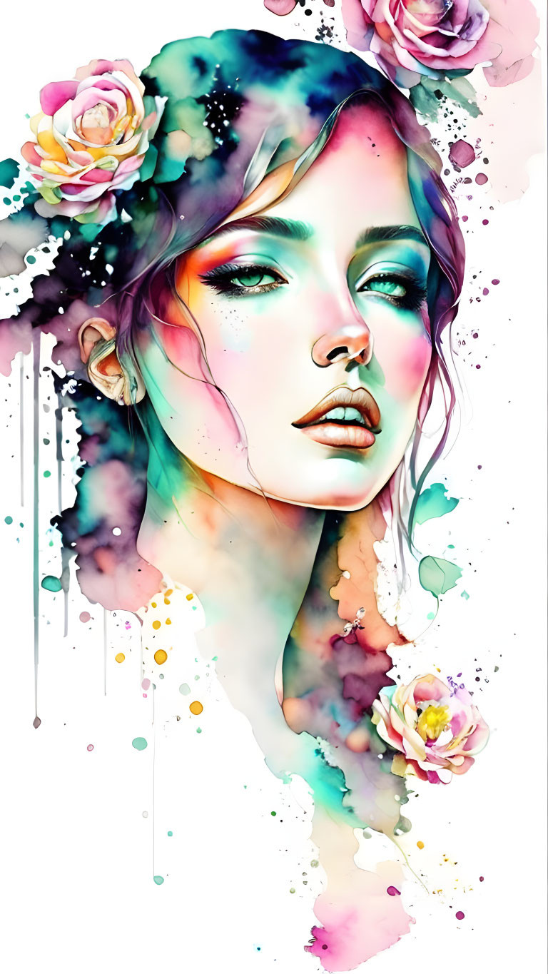 Colorful digital artwork: Woman with dreamy expression, floral elements, watercolor splashes