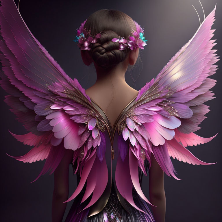 Person with Pink Wings and Braided Hair in Dark Background