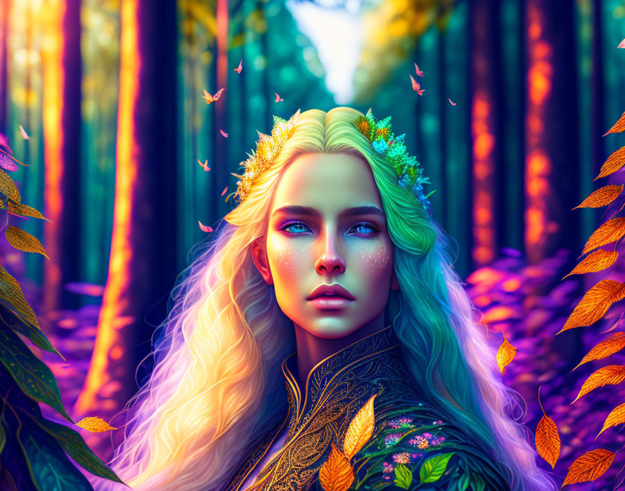 Ethereal fantasy illustration of person with blonde hair & blue eyes in enchanted autumn forest