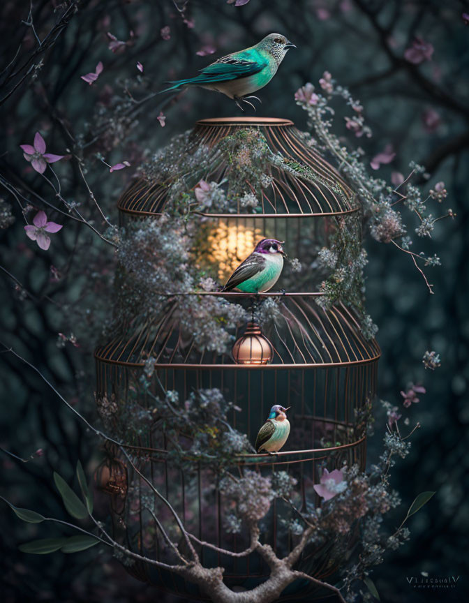 Colorful Birds Perched on Open Birdcage with Flowers and Warm Light