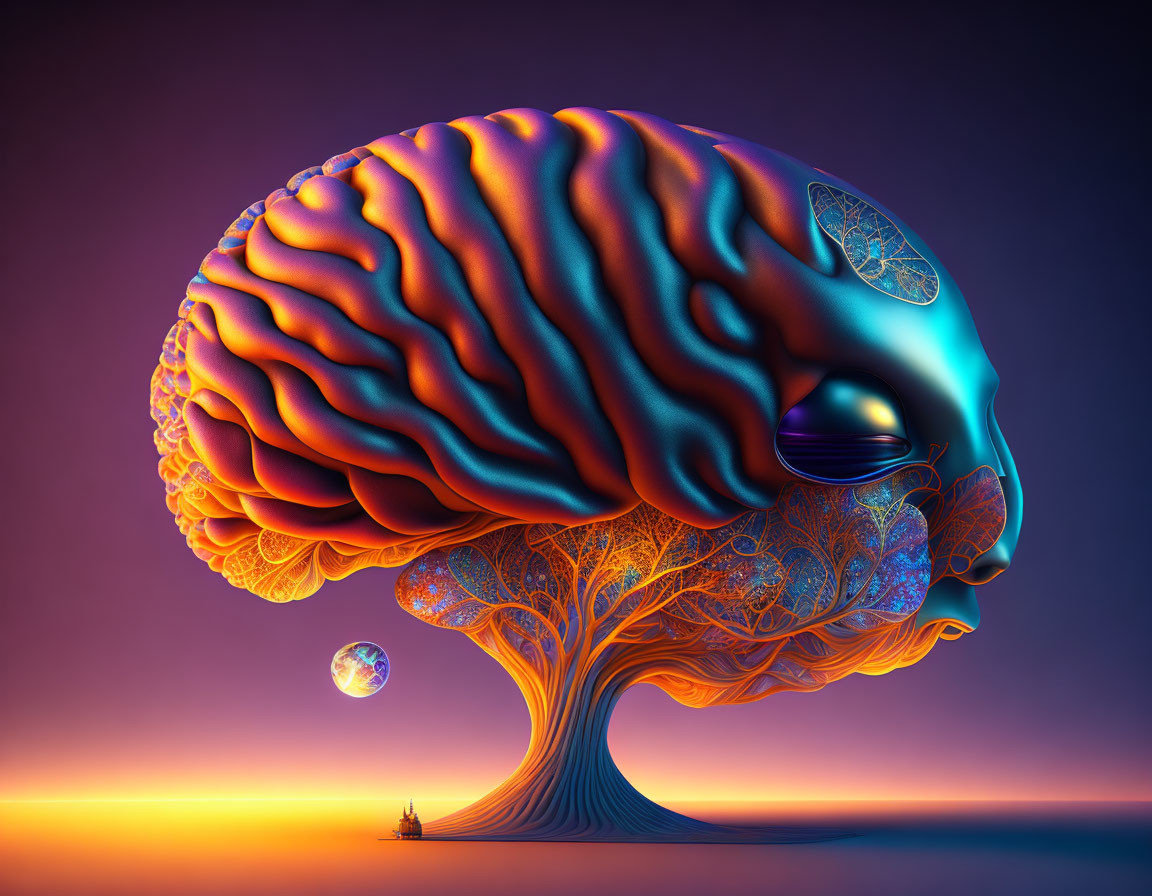 Surreal artwork: tree with brain-shaped canopy, twilight sky, reflective spheres, tiny sailboat