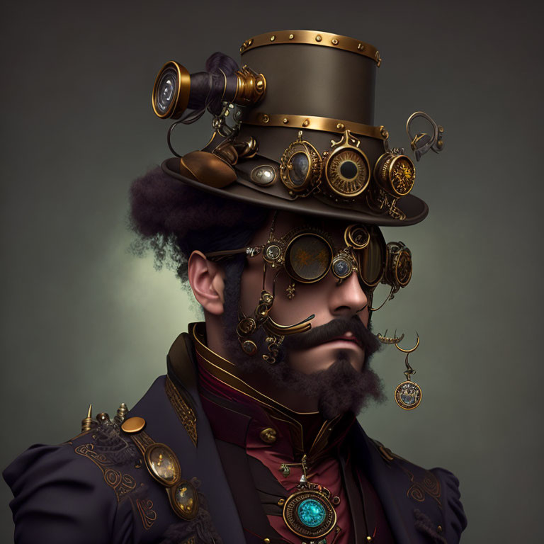 Steampunk Attire with Top Hat, Goggles, Monocle, and Victorian Coat