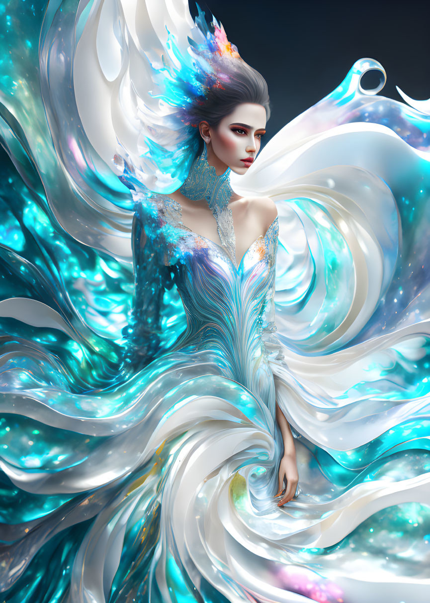 Digital artwork: Graceful woman in ornate dress with swirling patterns and iridescent colors.