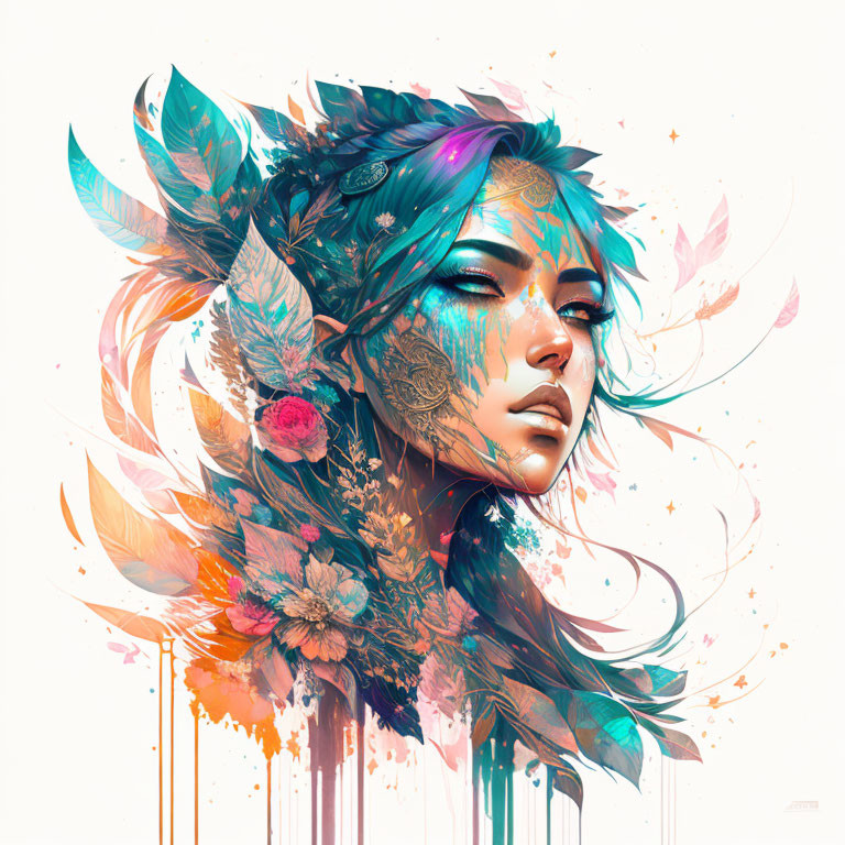 Vibrant surreal portrait of a woman with feathers and flowers