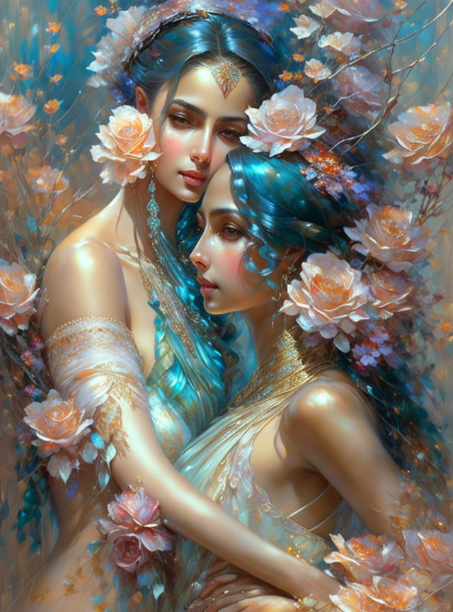 Two Women with Blue Hair and Floral Adornments in Intimate Pose amid Pastel Flowers