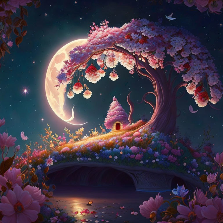 Enchanting night scene with blooming tree, river, full moon, and mystical door