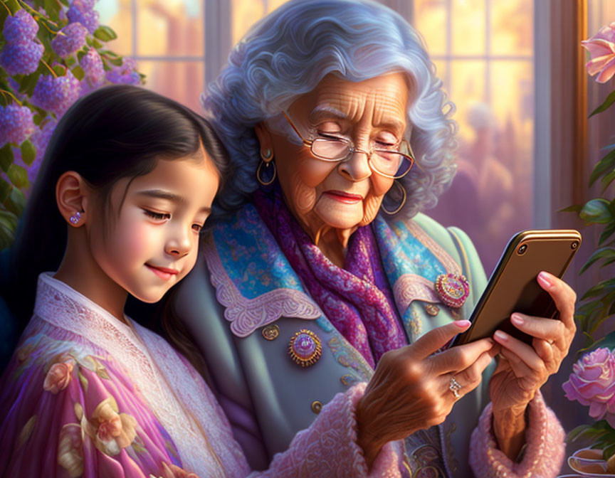 Elderly woman and young girl smiling at smartphone with warm light and flowers