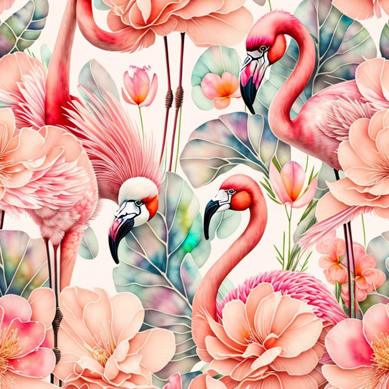 Vibrant illustration of pink flamingos in lush floral setting