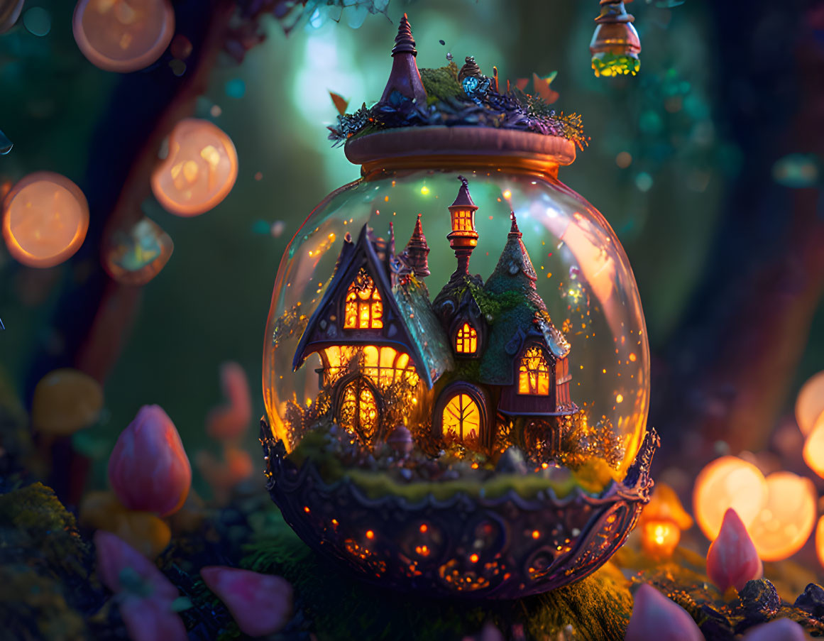 Miniature fantasy village in glass globe with glowing lanterns in enchanted forest