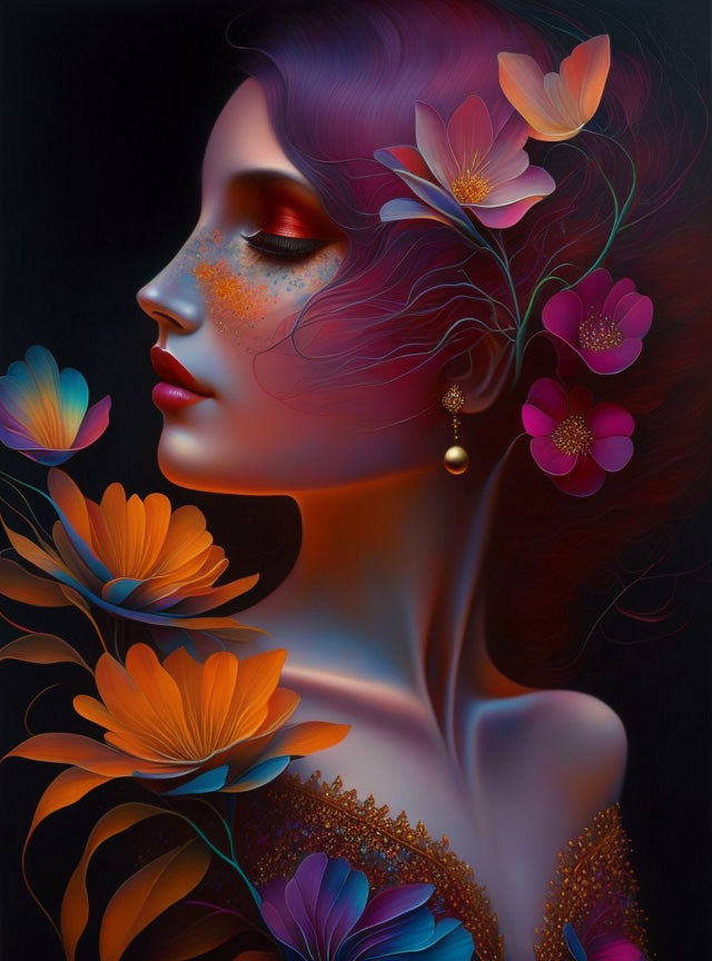 Woman with vibrant flower hair in dark background with soft profile glow