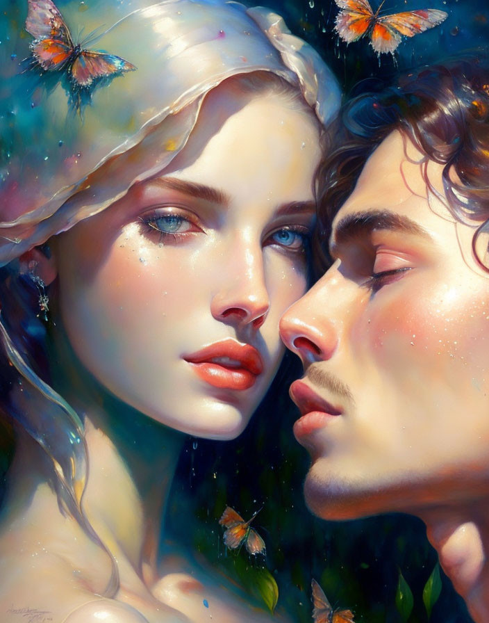 Romantic painting of man and woman with butterflies and ethereal glow