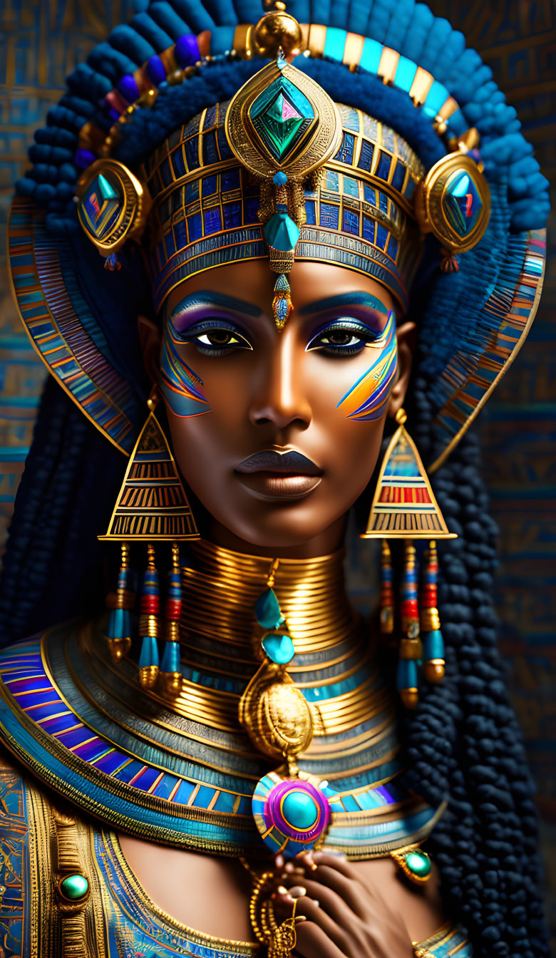 Egyptian queen adorned with gold jewelry, blue headdress, and traditional makeup on hieroglyphics