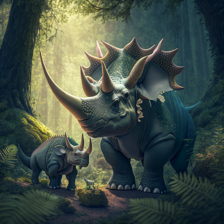 Mystical forest scene with two triceratops and sunlight rays