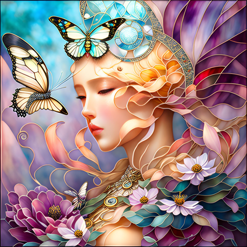 Fantasy illustration of woman with butterfly wings and jeweled tiara surrounded by flowers.