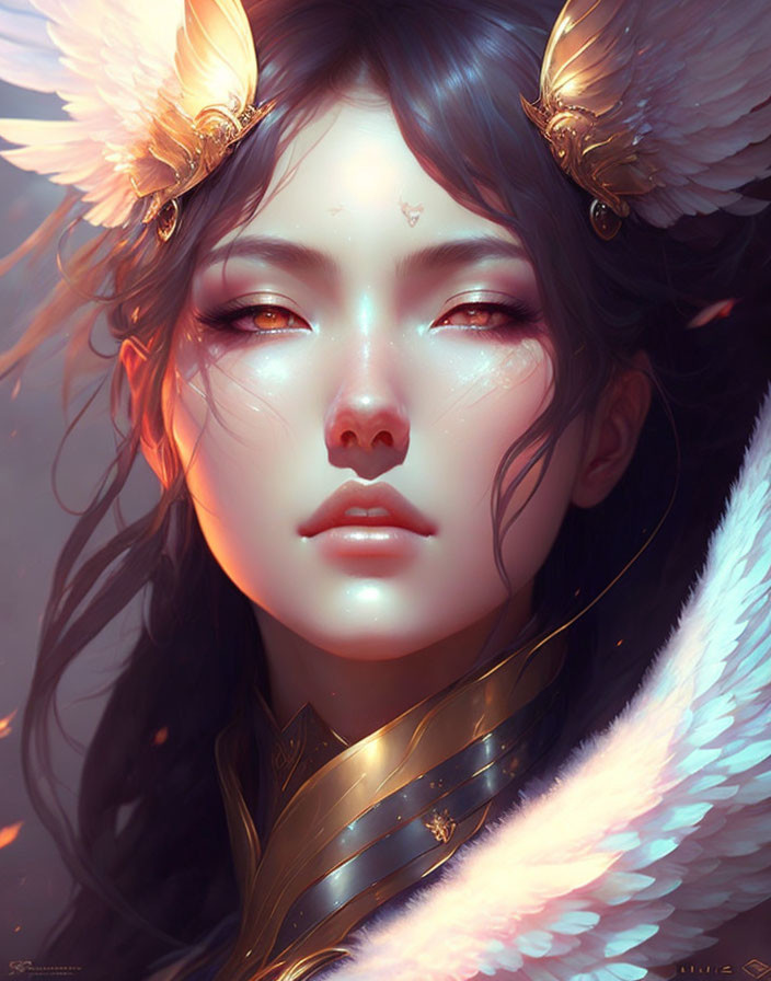 Digital artwork: Woman with white-feathered wings, golden ornaments, glowing eyes