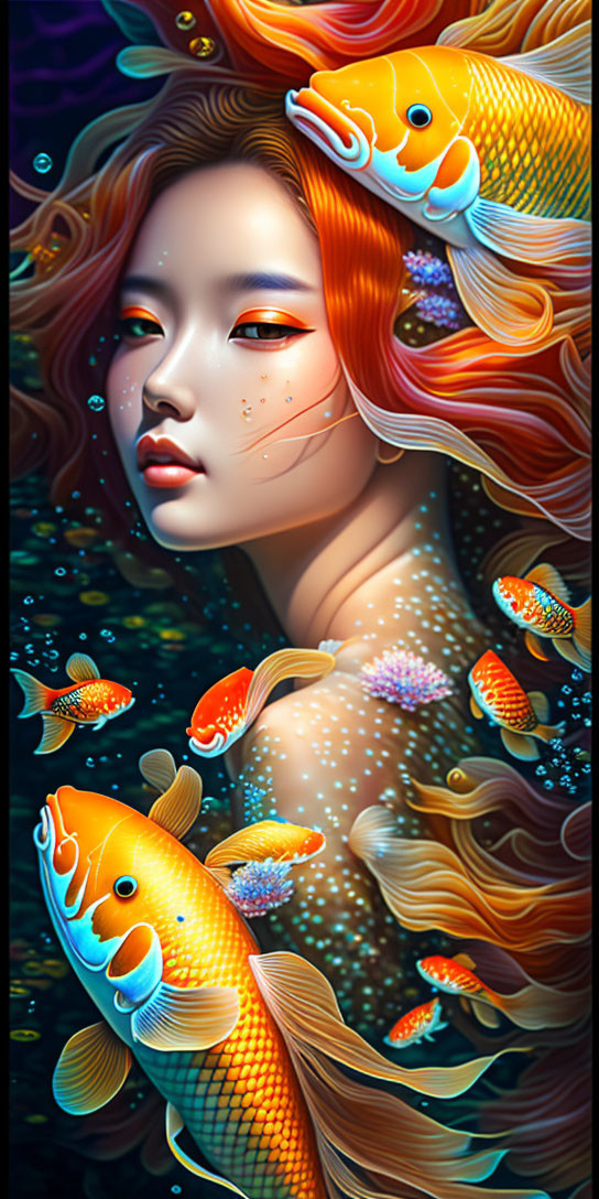 Vibrant underwater scene with woman and goldfish