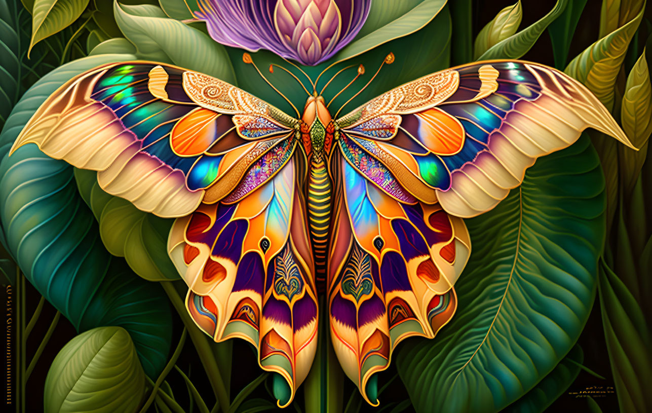 Detailed Butterfly Illustration with Vibrant Colors and Floral Background