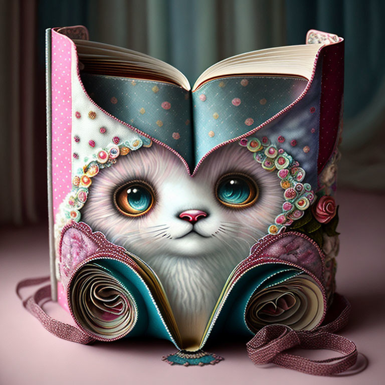 Illustrated cat peeking from butterfly-shaped book with beads and roses