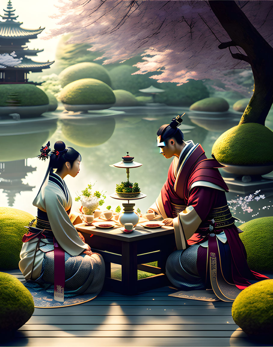 Traditional attired individuals having tea by serene pond with pagoda in background